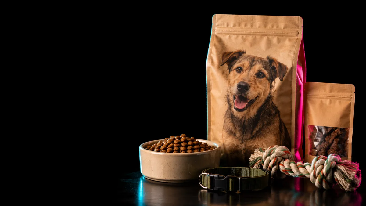 Pet food, treats and accessories on a dark surface