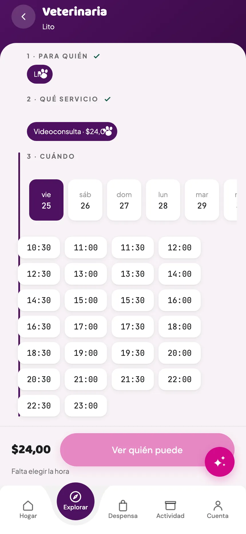 Booking a video consultation in the app, with its price